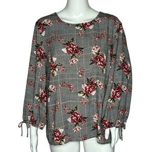 Massini Blouse Black White‎ Houndstooth Pink Floral Top 3/4 Sleeve Tie Cuffs